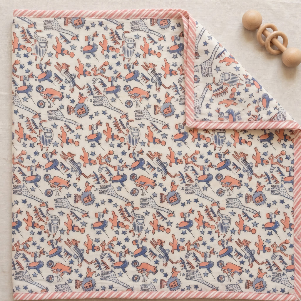 Bear & Circus Animal print hand block-printed cotton muslin baby swaddle set