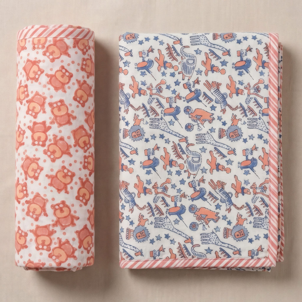 Bear & Circus Animal print hand block-printed cotton muslin baby swaddle set