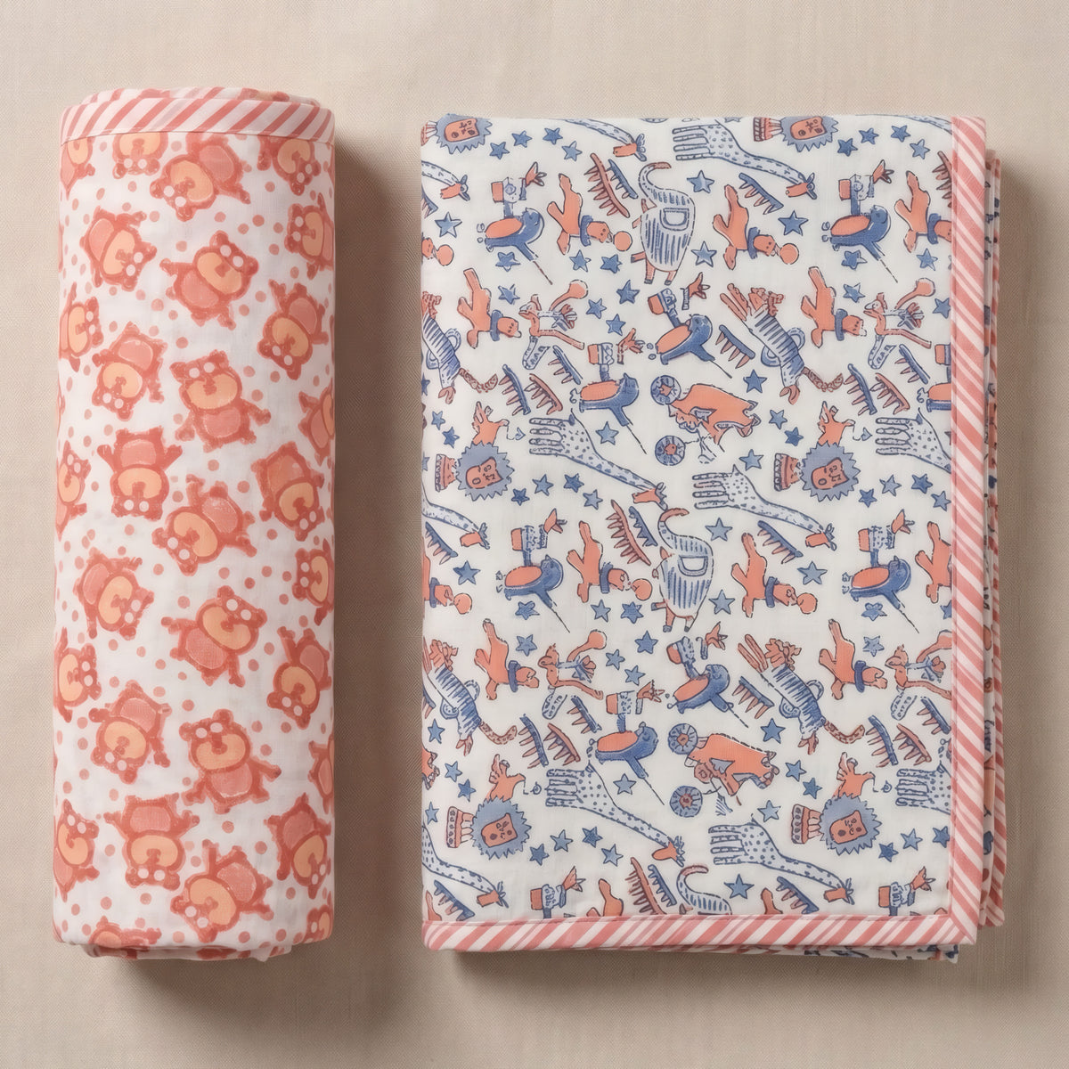 Bear & Circus Animal print hand block-printed cotton muslin baby swaddle set