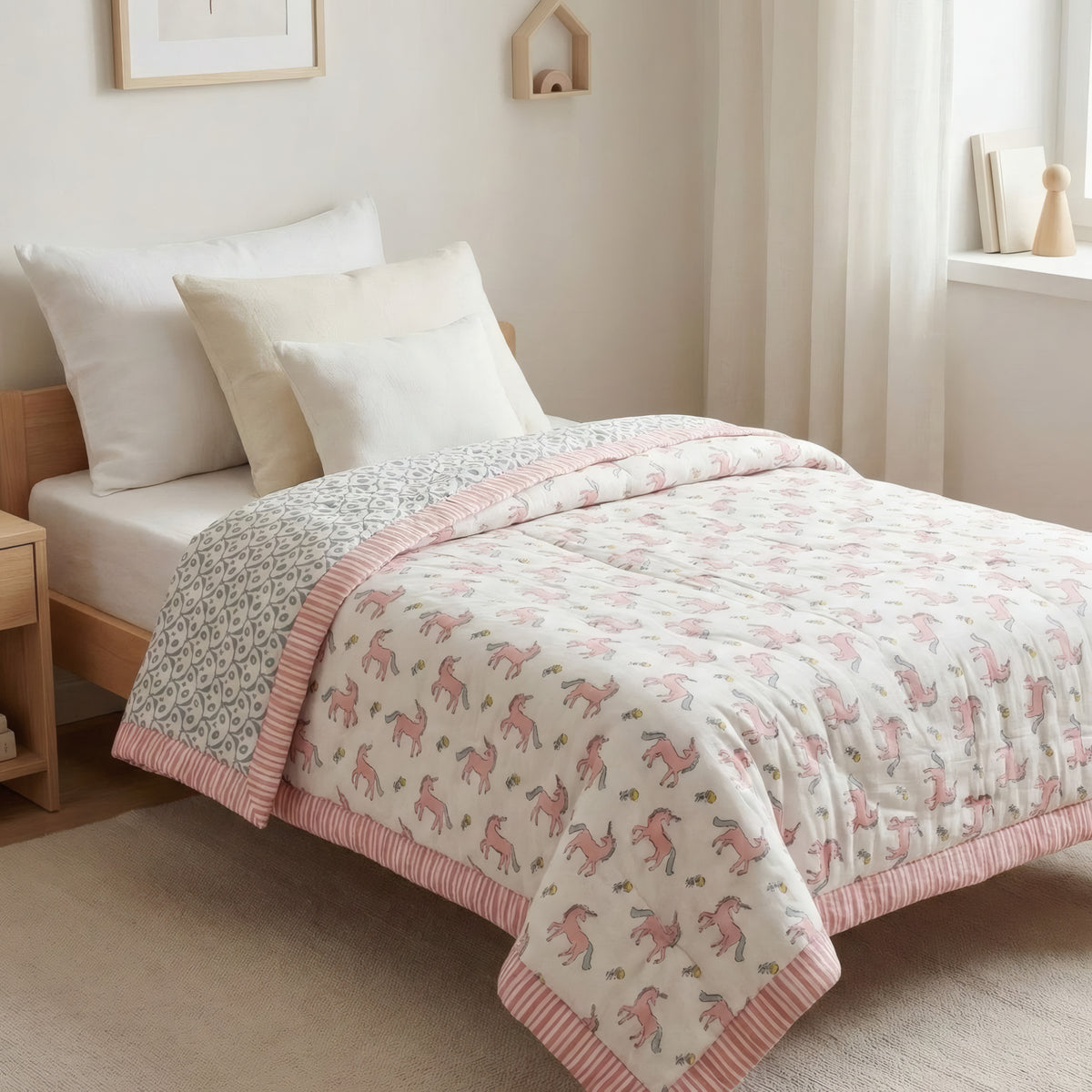 Blush Pony print hand block-printed reversible cotton voile kids quilt (razai) – lifestyle - play mat