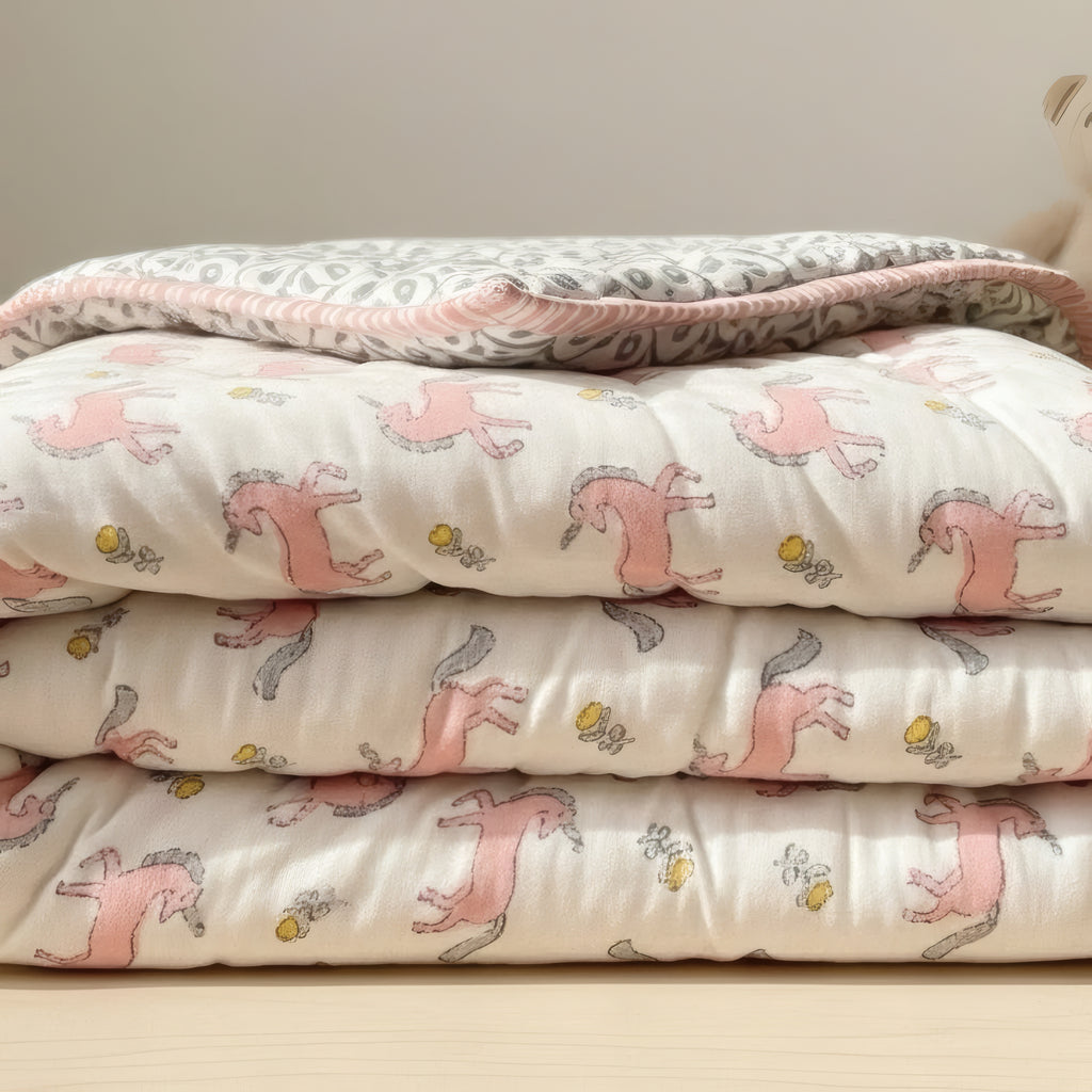 Blush Pony print hand block-printed reversible cotton voile kids quilt (razai) – reverse side