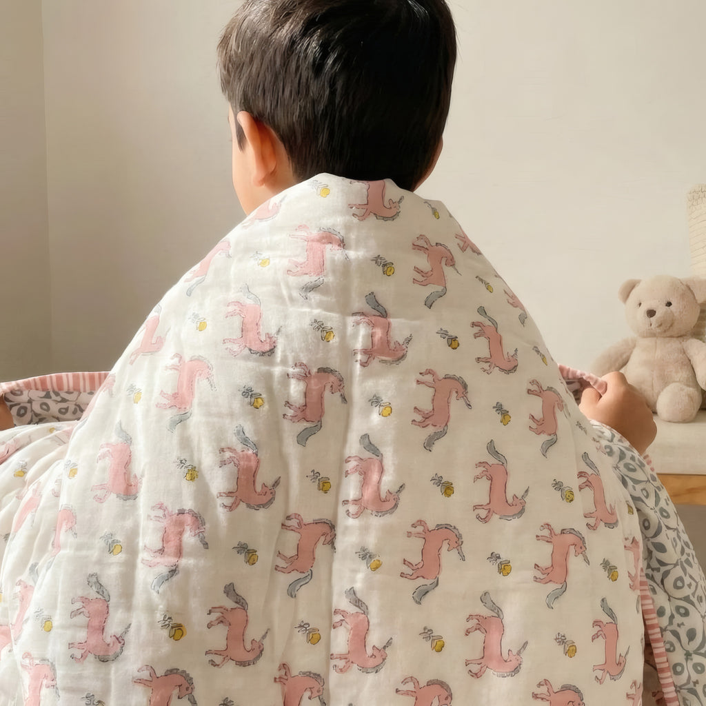 Blush Pony print hand block-printed reversible cotton voile kids quilt (razai) – additional lifestyle
