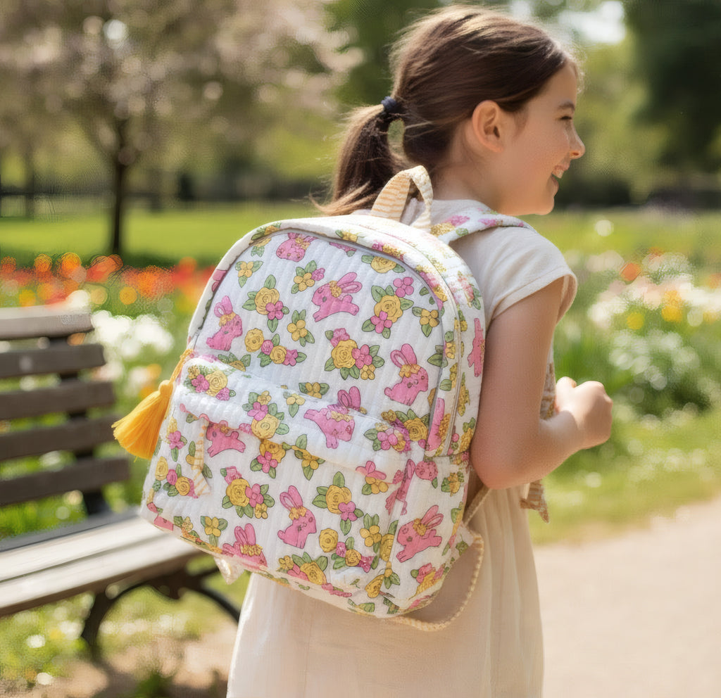 Bunny Floral print hand block-printed cotton kids backpack – hero/worn