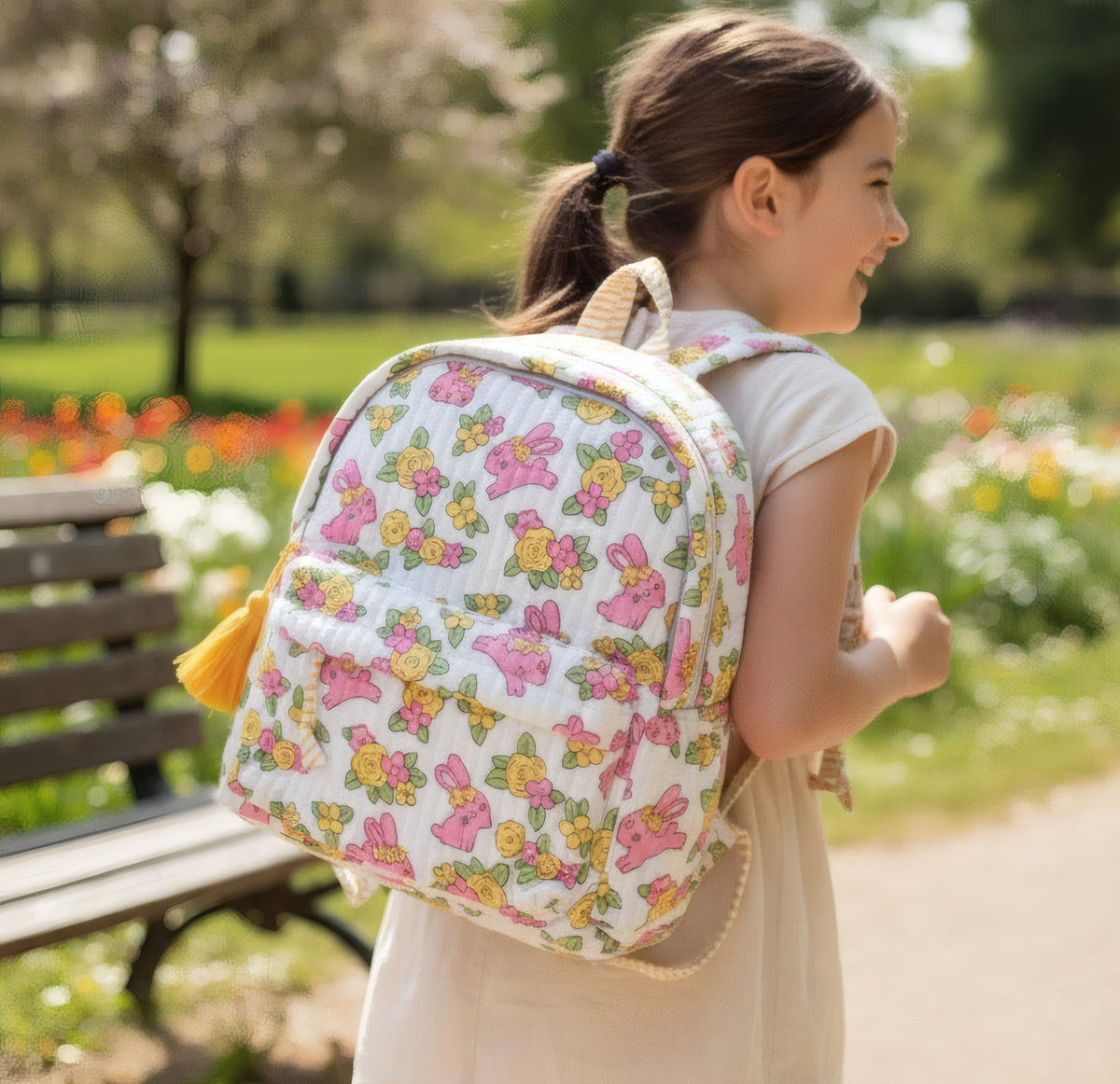 Bunny Floral print hand block-printed cotton kids backpack – hero/worn