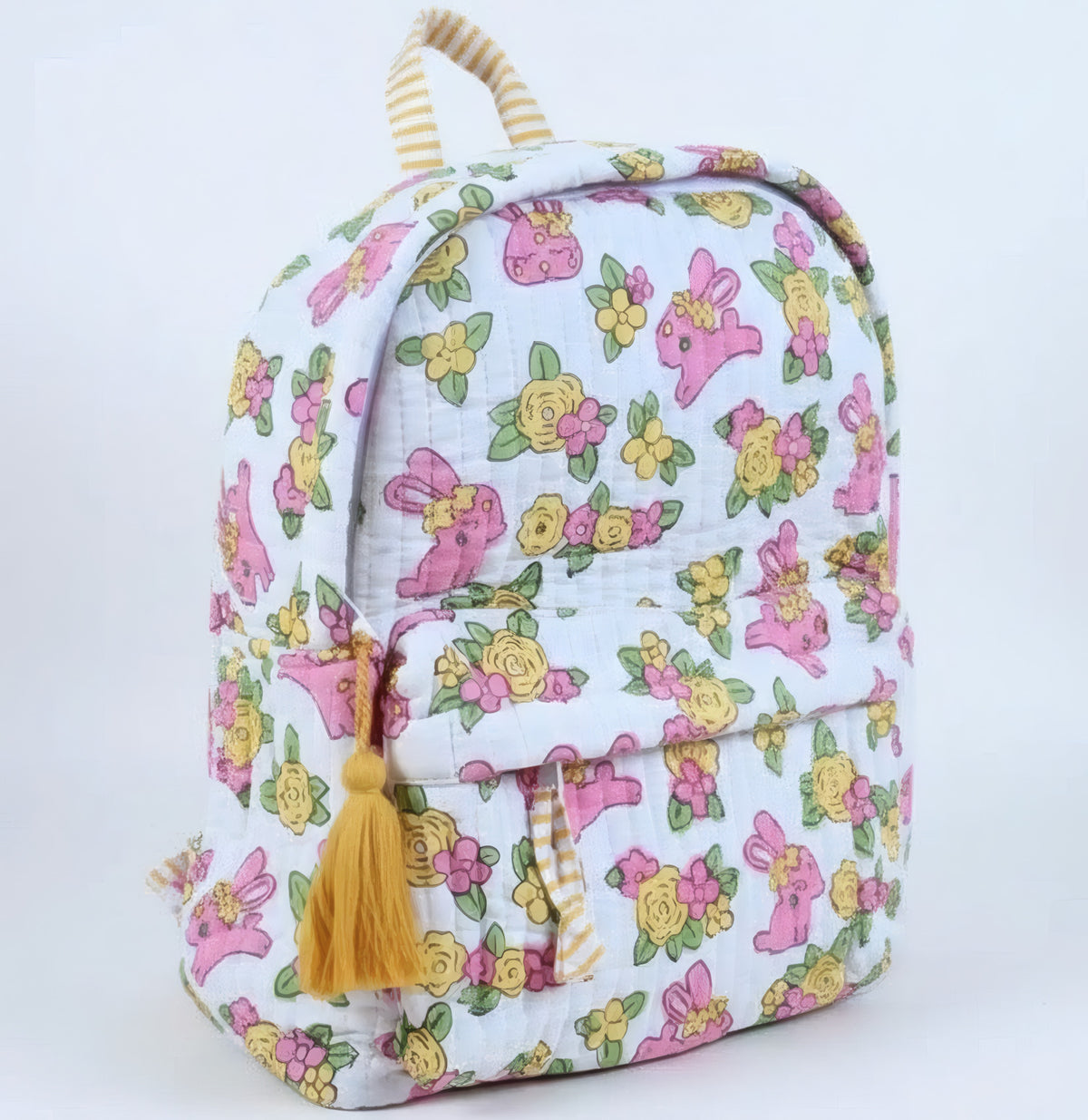 Bunny Floral print hand block-printed cotton kids backpack – 3/4 studio angle
