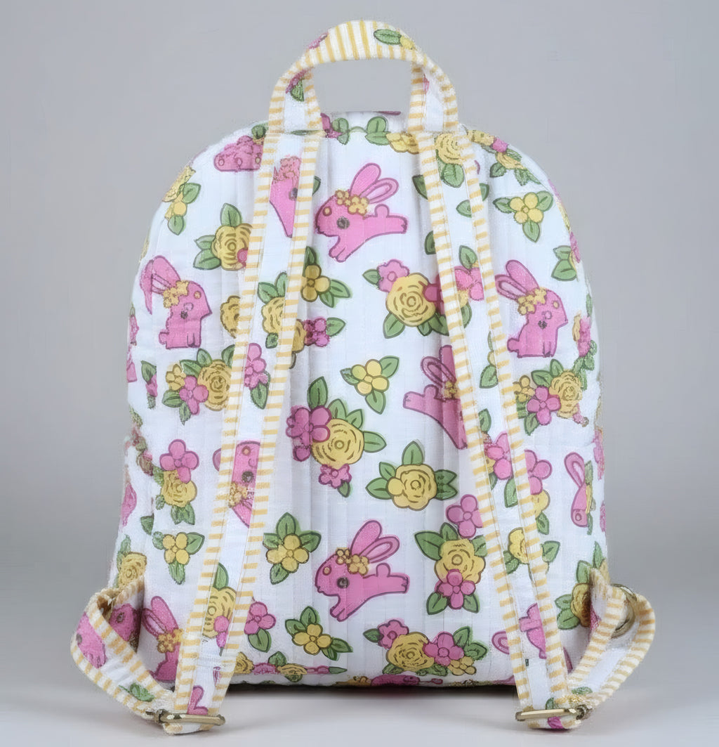 Bunny Floral print hand block-printed cotton kids backpack – flat front, studio