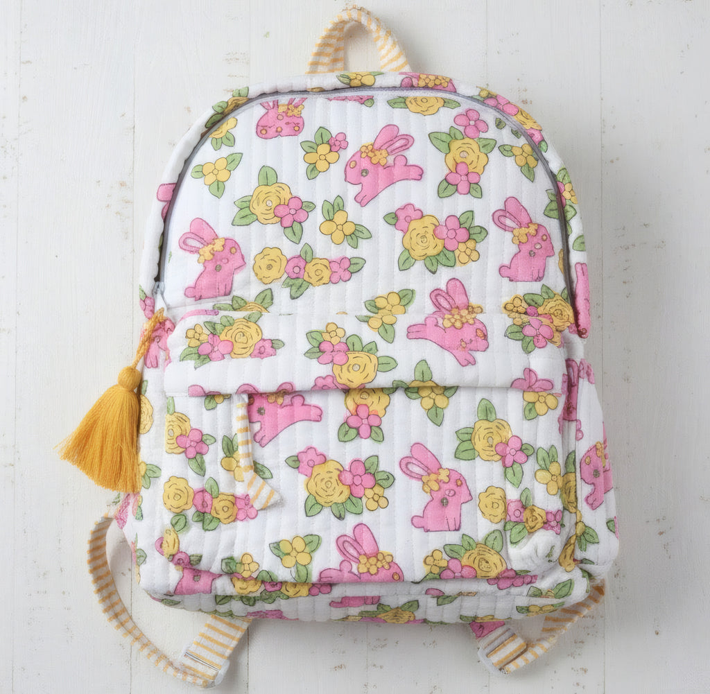 Bunny Floral print hand block-printed cotton kids backpack – additional angle