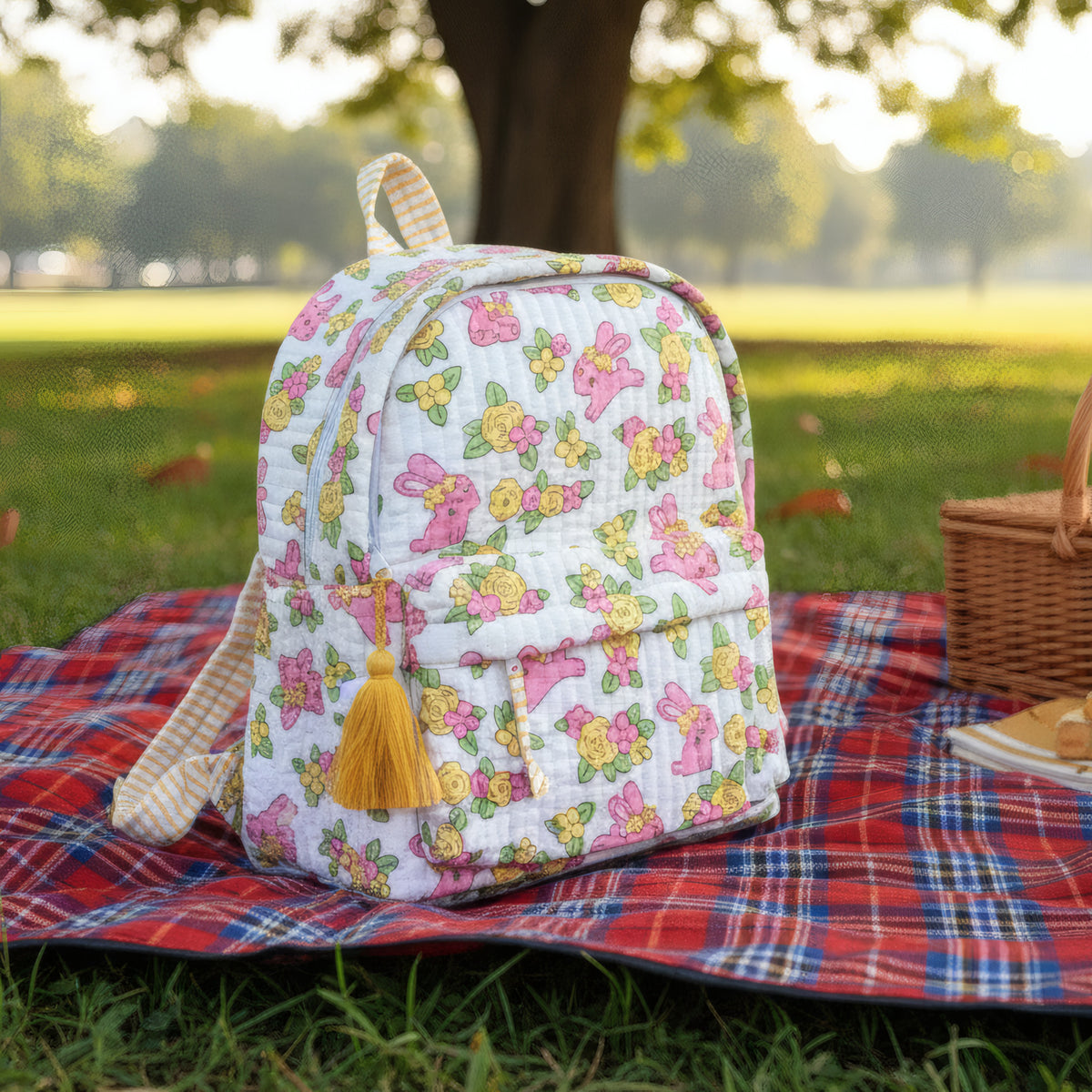 Bunny Floral print hand block-printed cotton kids backpack – additional detail