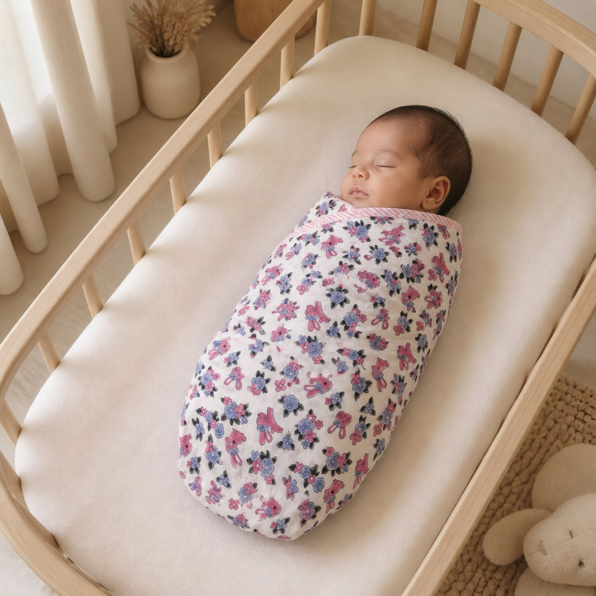Bunny Floral & Stripe print hand block-printed cotton muslin baby swaddle set
