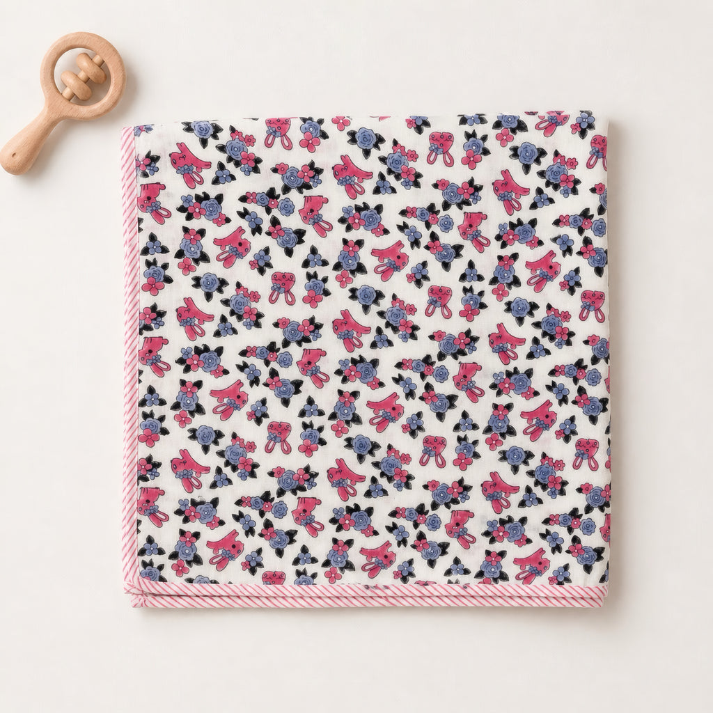 Bunny Floral & Stripe print hand block-printed cotton muslin baby swaddle set