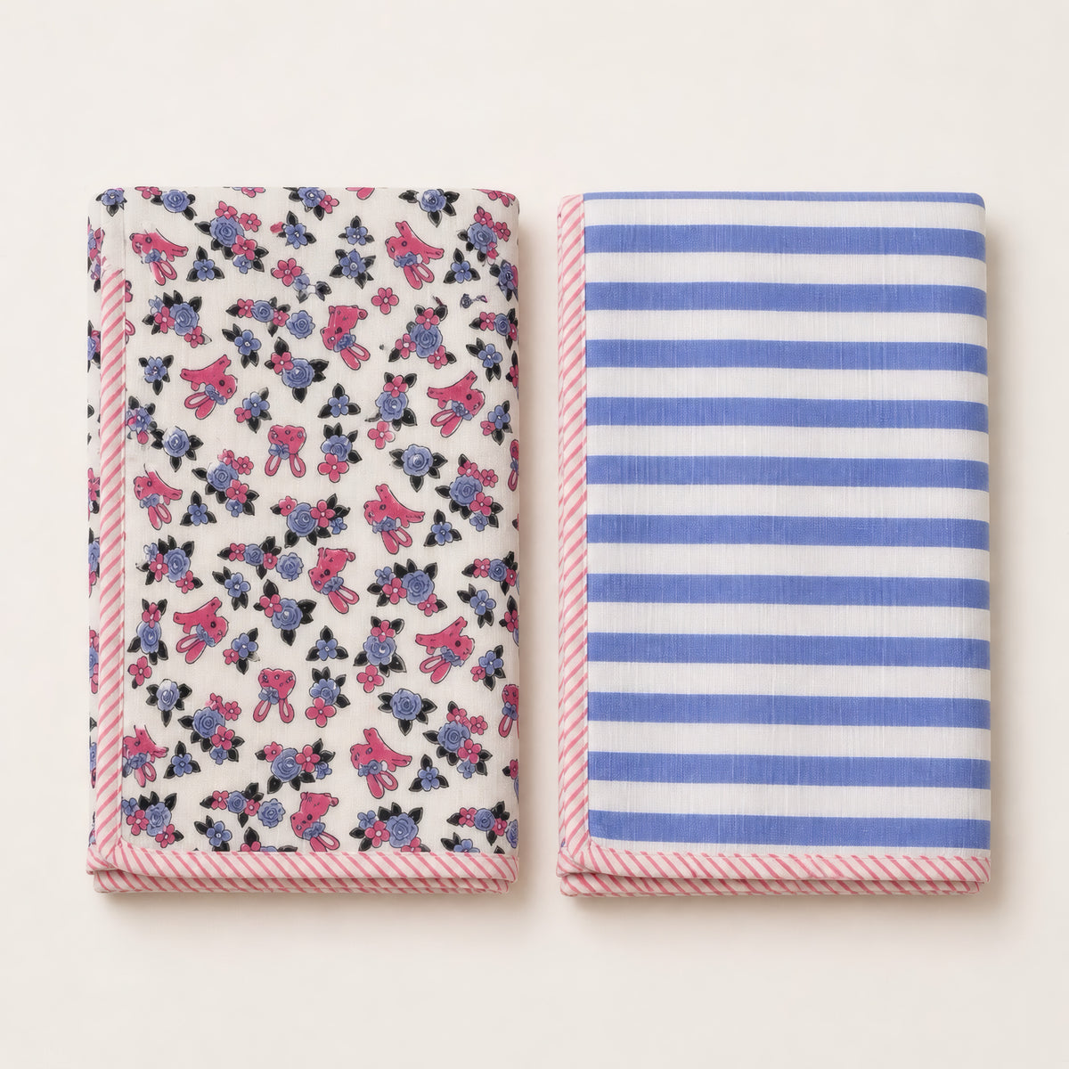 Bunny Floral & Stripe print hand block-printed cotton muslin baby swaddle set