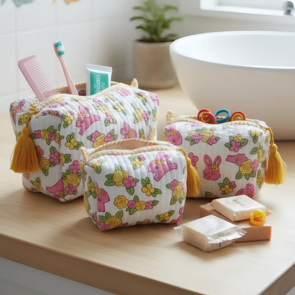 Bunny Floral print hand block-printed cotton toiletry pouch set – additional angle