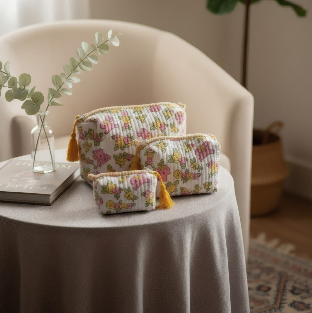 Bunny Floral print hand block-printed cotton toiletry pouch set - additional lifestyle
