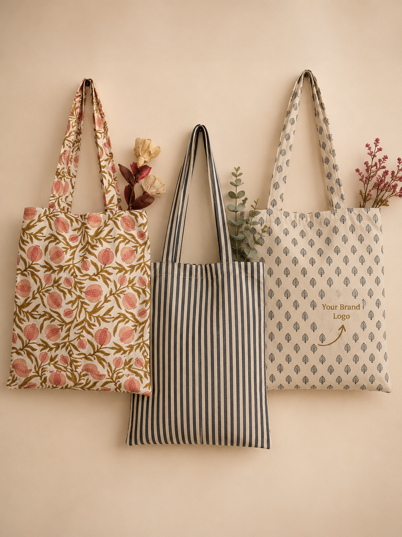 Three block-print cotton tote bags — pomegranate print, navy stripe, and a leaf print with a 'Your Brand Logo' placeholder — hanging against a wall.