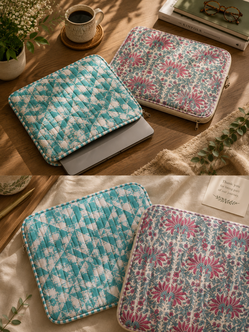 Two hand block-printed laptop sleeves, teal geometric and pink floral prints, on a wooden desk with a laptop.