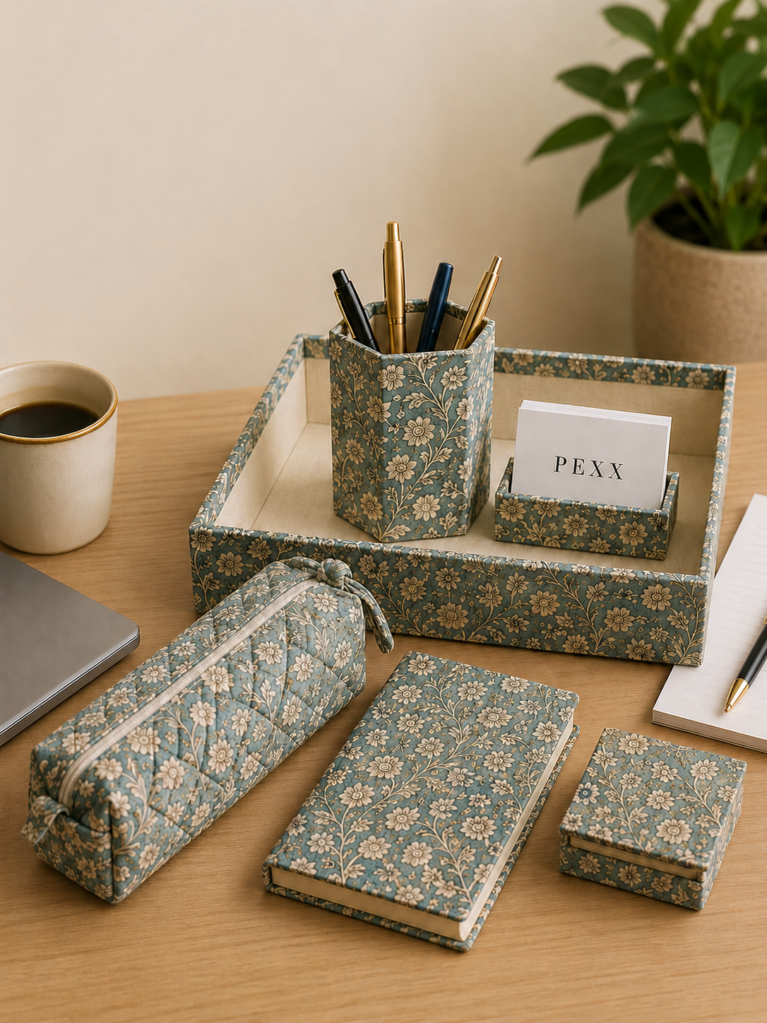 Hand block-printed desk organiser set with a PEXX-branded card holder, styled on a wooden desk.