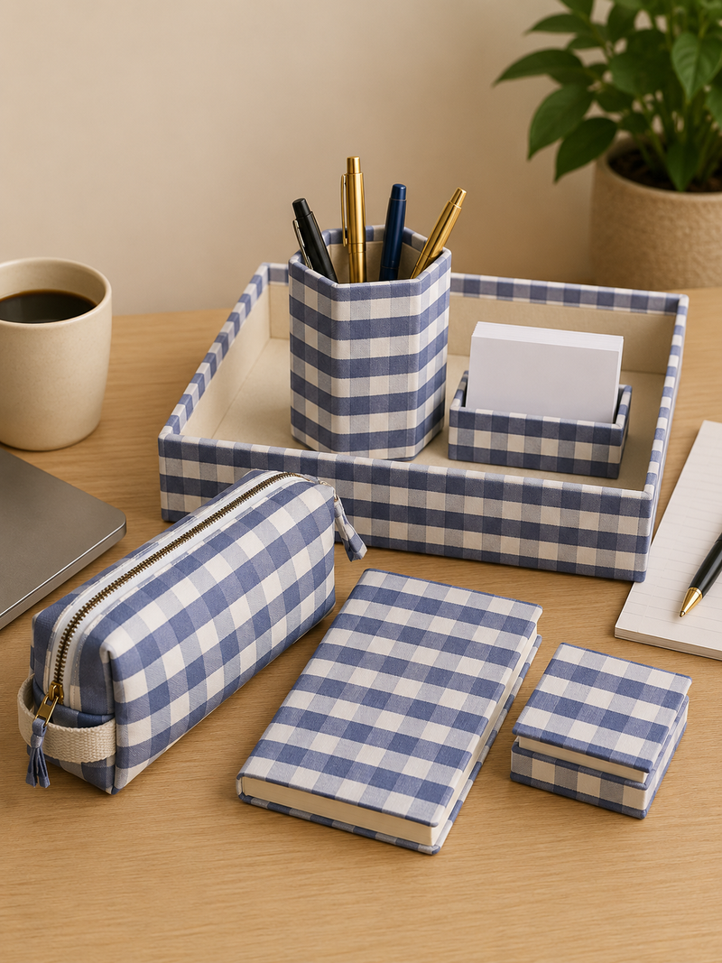 Blue gingham block-print desk organiser set — tray, pen cup, notebook, pouch and card holder — styled on a desk.