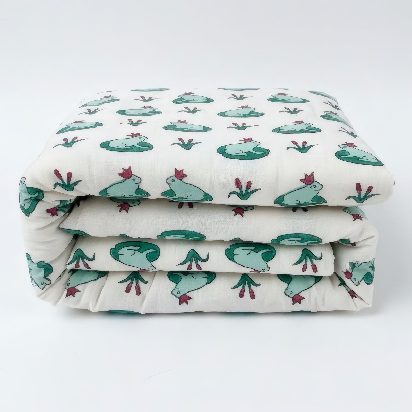 Frog Pond print hand block-printed reversible cotton voile kids quilt (razai) – print detail close-up