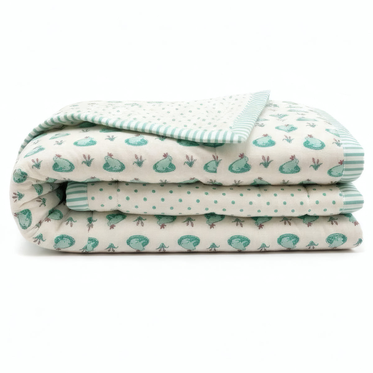Frog Pond print hand block-printed reversible cotton voile kids quilt (razai) – reverse side