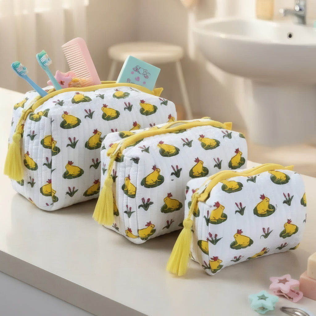 Frog Pond print hand block-printed cotton toiletry pouch set – hero — set together, use 1