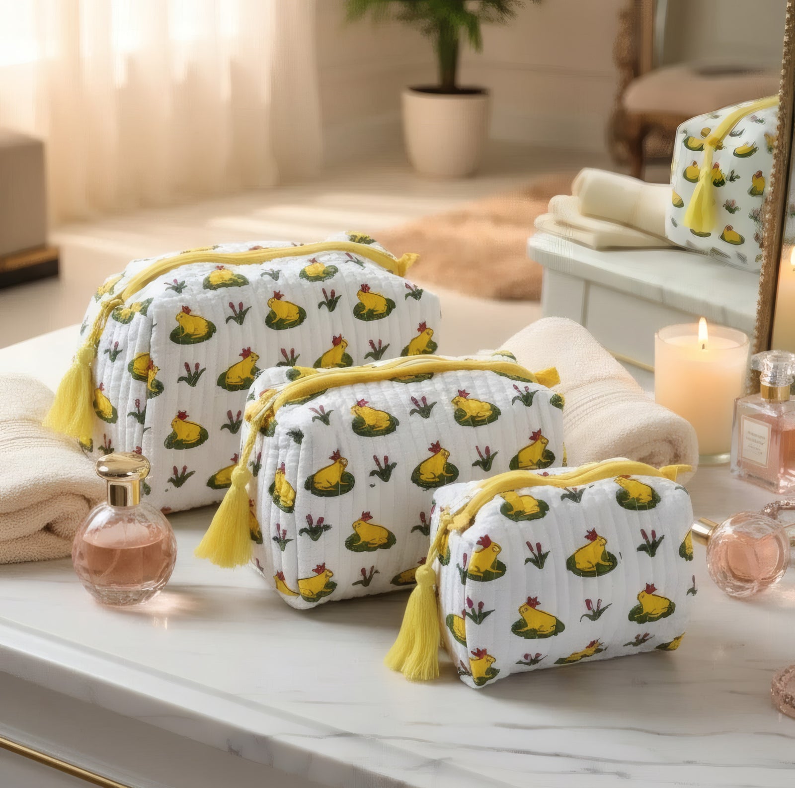 Frog Pond print hand block-printed cotton toiletry pouch set – set together, use 2 (alt scene)
