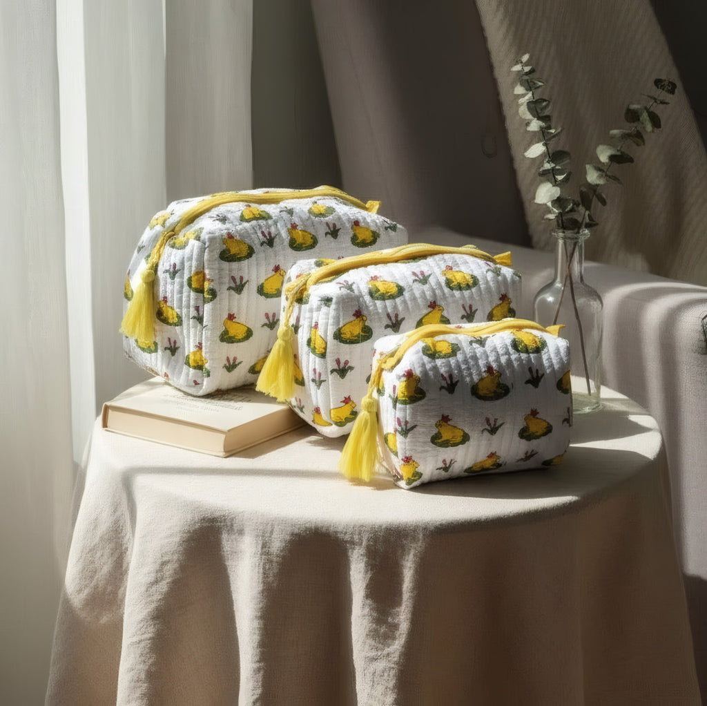 Frog Pond print hand block-printed cotton toiletry pouch set – additional lifestyle