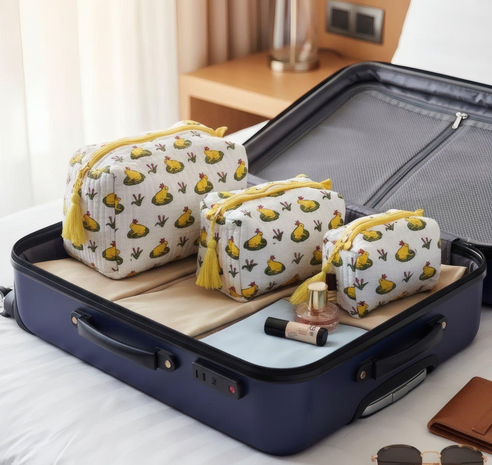 Frog Pond print hand block-printed cotton toiletry pouch set – additional lifestyle