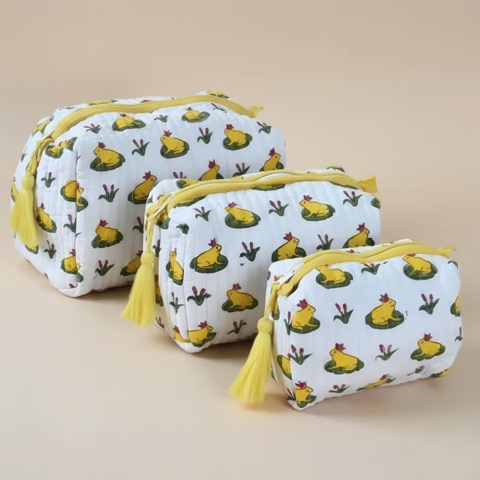 Frog Pond print hand block-printed cotton toiletry pouch set - additional detail