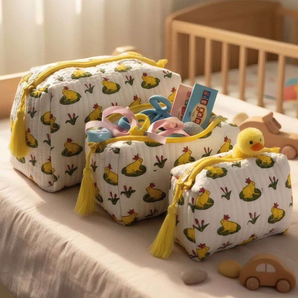 Frog Pond print hand block-printed cotton toiletry pouch set