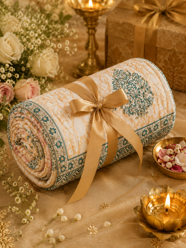 A collection of hand block-printed wedding return gifts — scarves, table linen, towels, a jewellery pouch, a rolled quilt and a wine bottle cover.