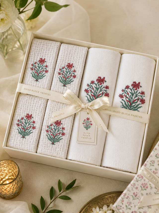 Hand block-printed table mats, napkins and guest hand towels in pink floral prints.