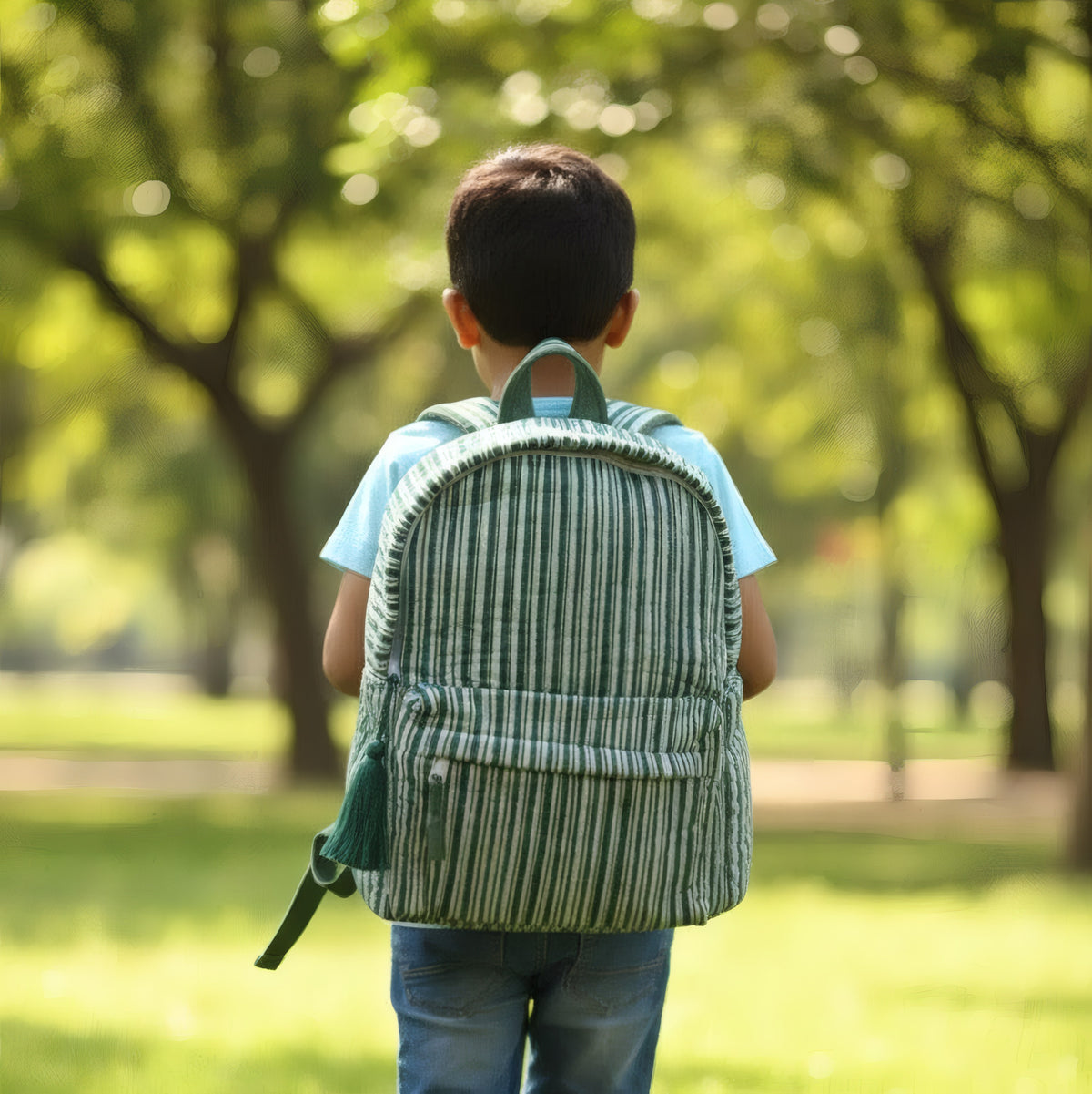 Green Stripe print hand block-printed cotton kids backpack – hero/worn