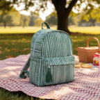 Green Stripe print hand block-printed cotton kids backpack – 3/4 studio angle