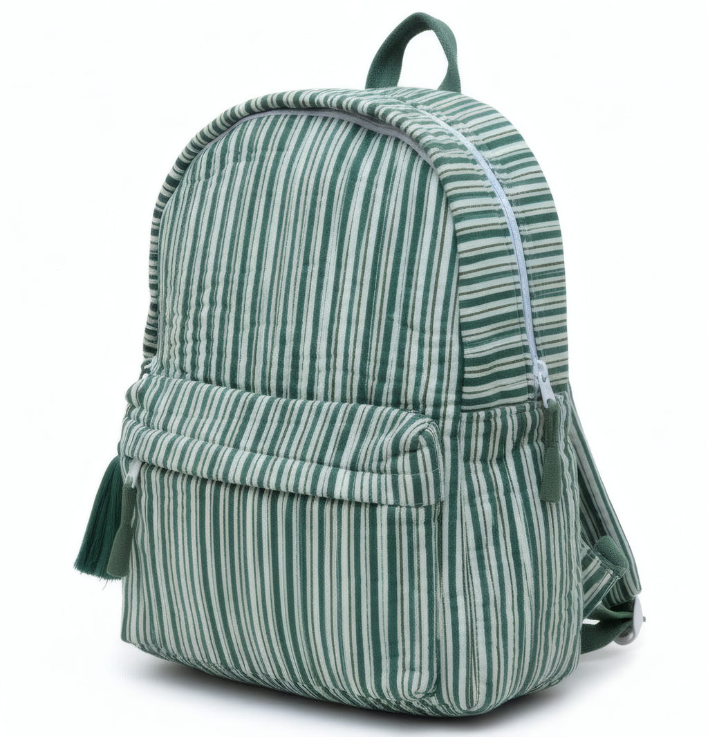 Green Stripe print hand block-printed cotton kids backpack – flat front, studio