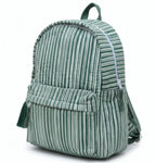 Green Stripe print hand block-printed cotton kids backpack – flat front, studio