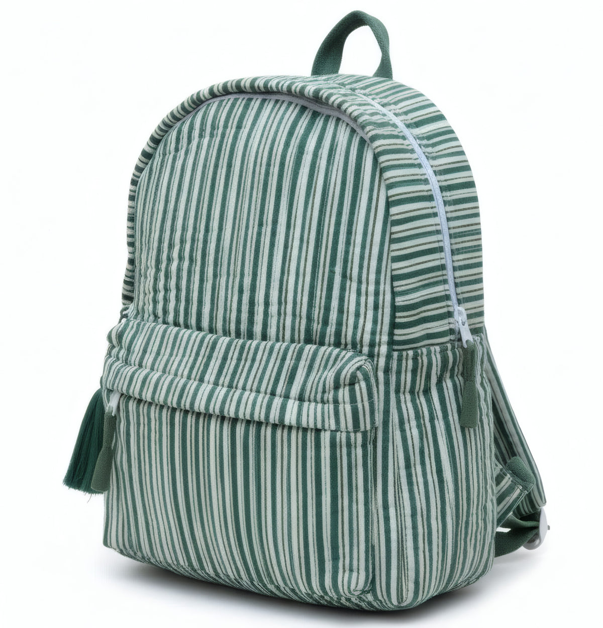 Green Stripe print hand block-printed cotton kids backpack – flat front, studio
