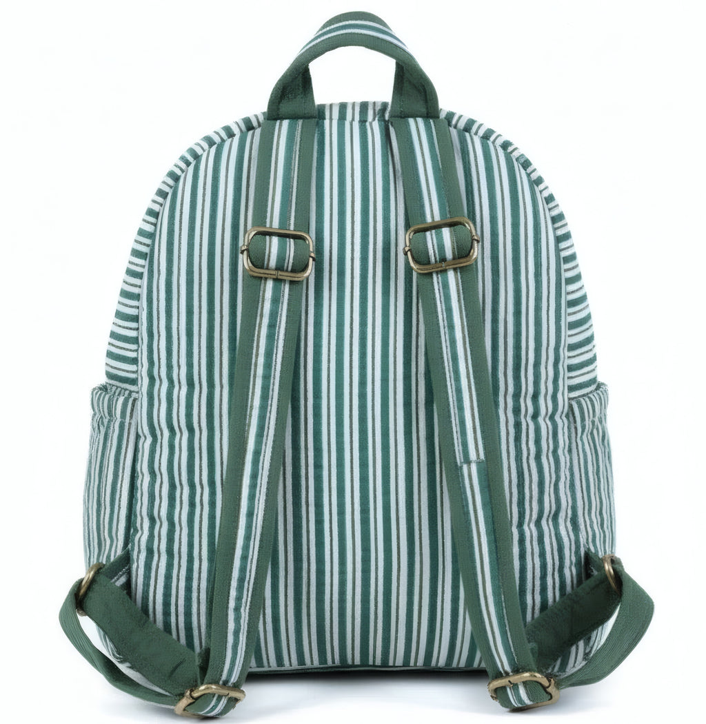 Green Stripe print hand block-printed cotton kids backpack – additional angle