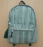 Green Stripe print hand block-printed cotton kids backpack – additional detail