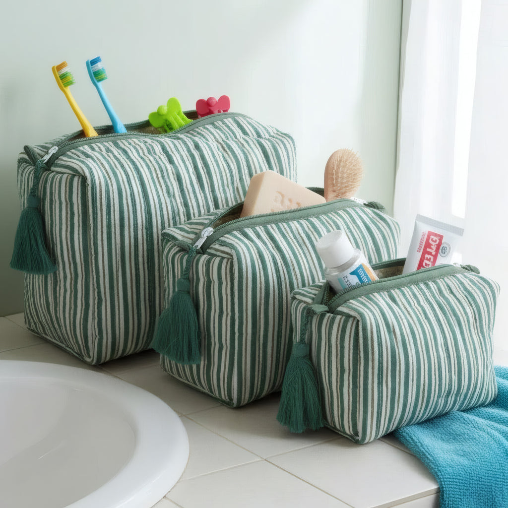 Green Stripe print hand block-printed cotton toiletry pouch set – additional angle