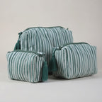 Green Stripe print hand block-printed cotton toiletry pouch set – additional detail