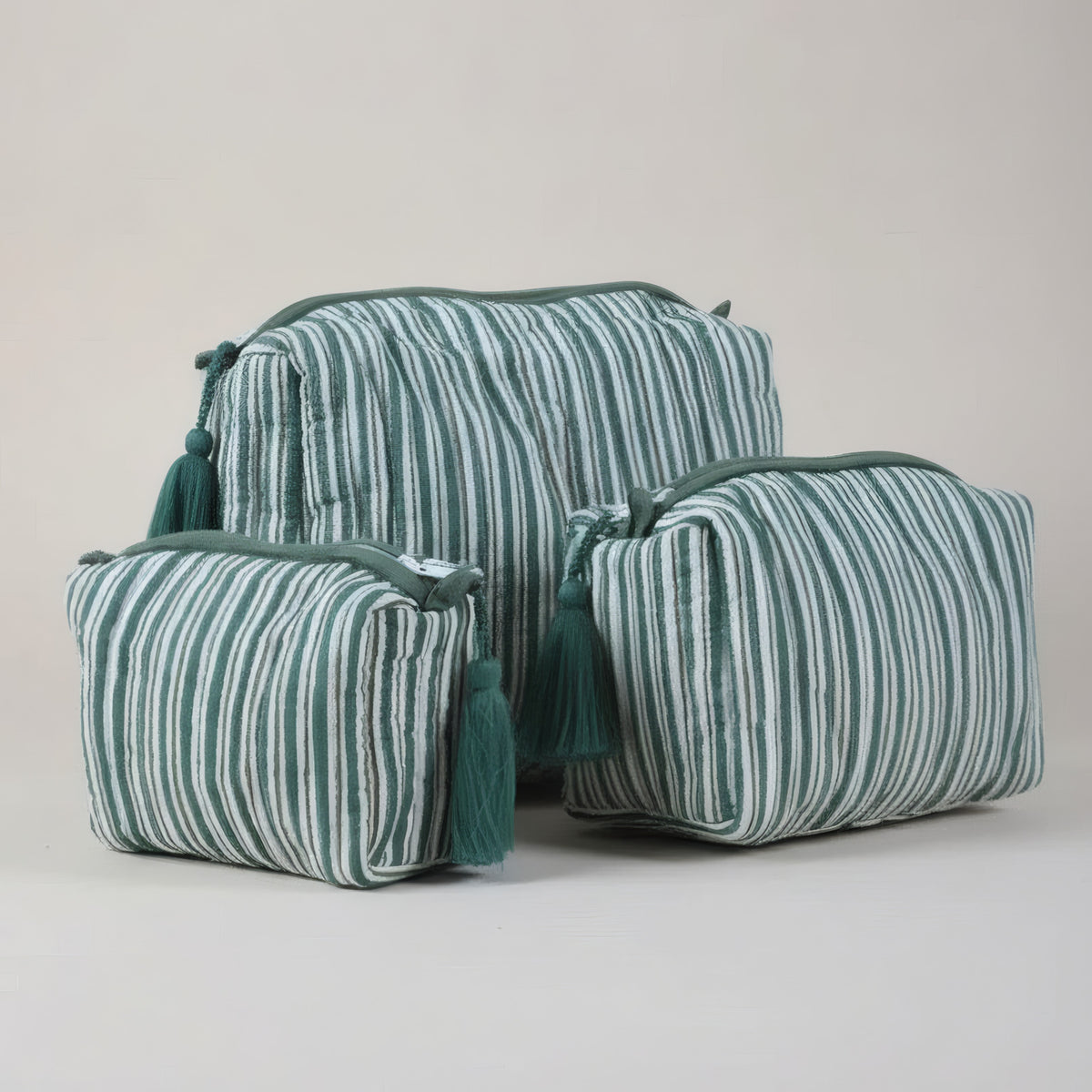 Green Stripe print hand block-printed cotton toiletry pouch set – additional detail
