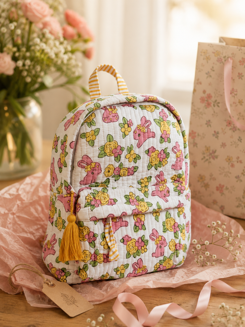 A hand block-printed quilted backpack in a floral bunny print, styled with flowers and a gift bag.
