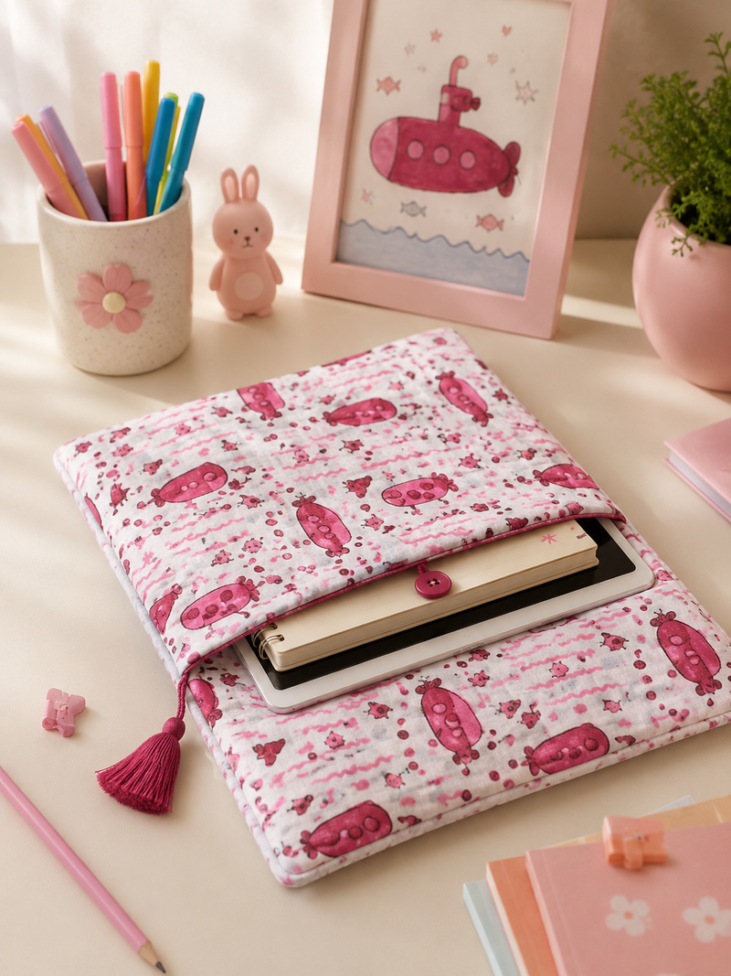 A hand block-printed submarine-print tablet sleeve open on a desk with a notebook and coloured pens.