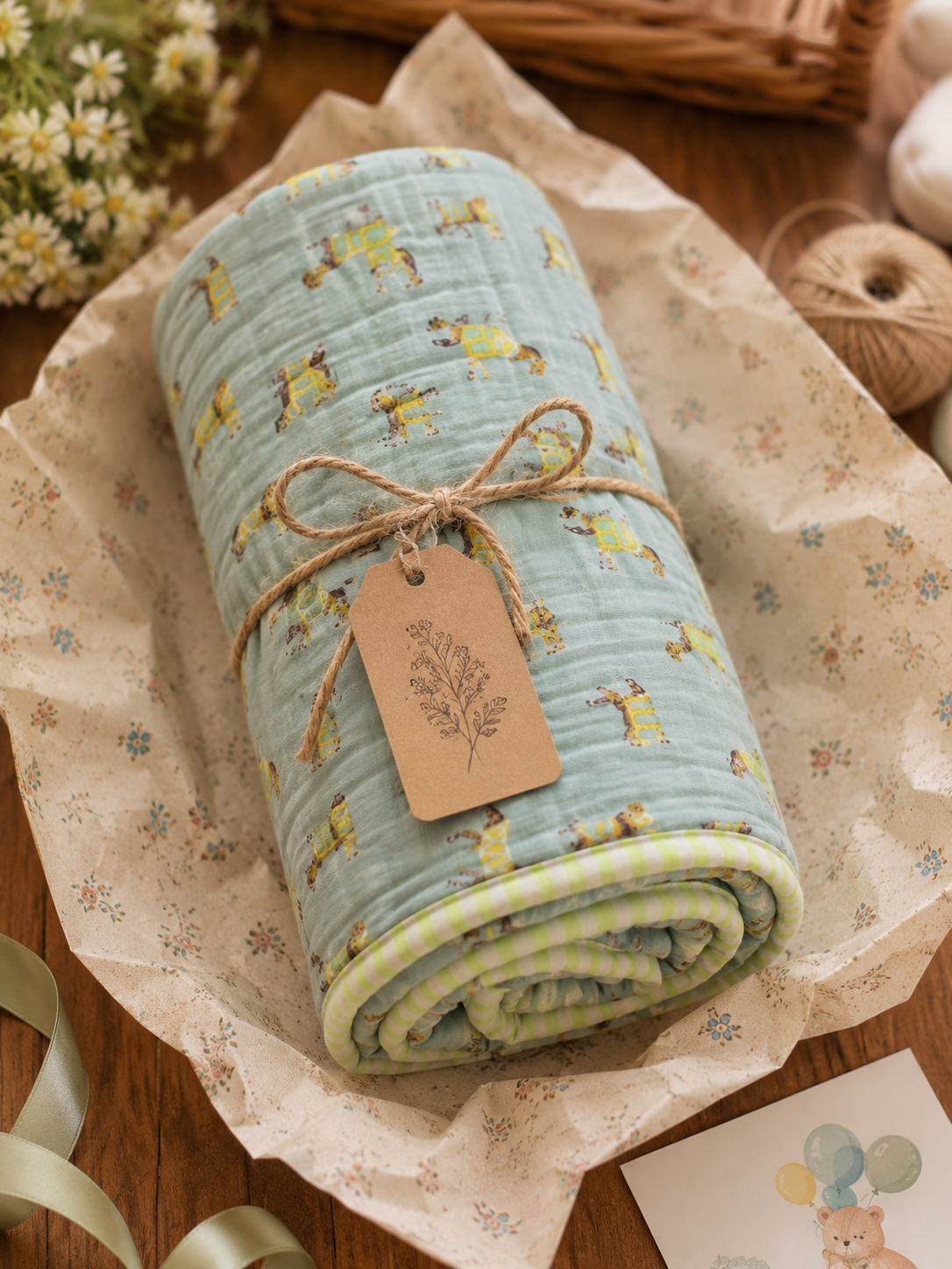 Hand block-printed baby quilt rolled and tied with twine, in a basket with animal print fabric.