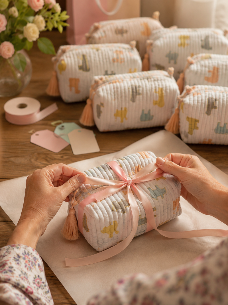 A row of hand block-printed quilted utility pouches with animal prints and tassels, being gift-wrapped with ribbon.