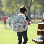 Monkey print hand block-printed cotton kids backpack – hero/worn