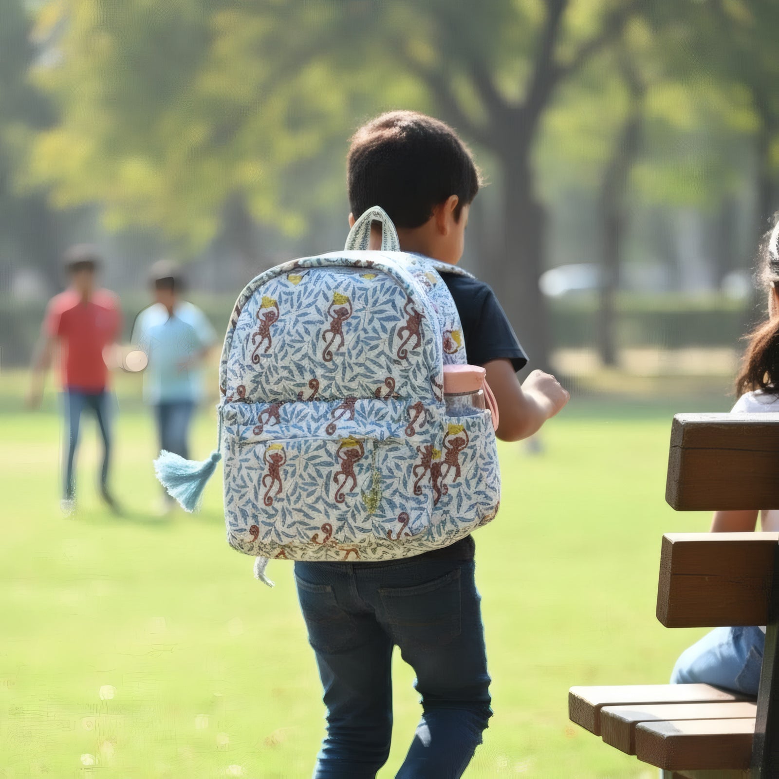 Monkey print hand block-printed cotton kids backpack – hero/worn