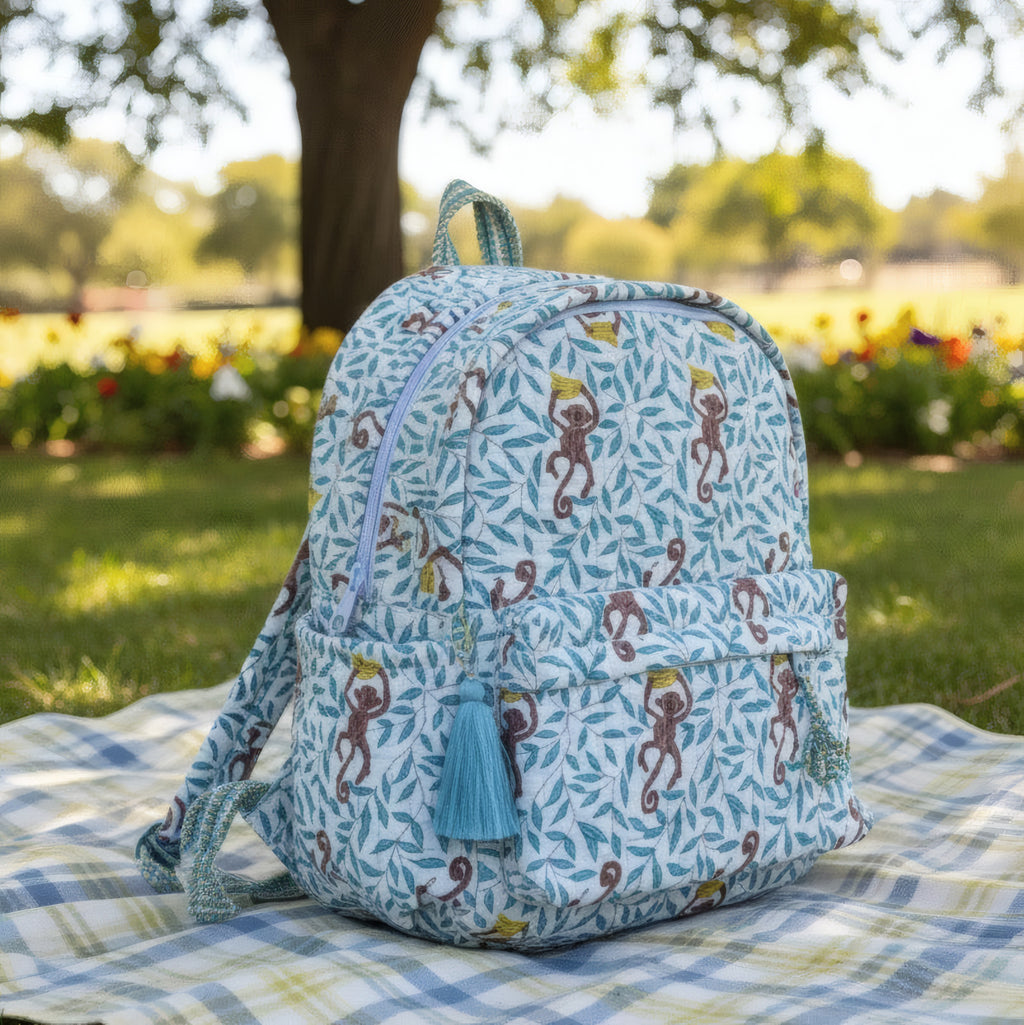 Monkey print hand block-printed cotton kids backpack – 3/4 studio angle