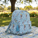 Monkey print hand block-printed cotton kids backpack – 3/4 studio angle