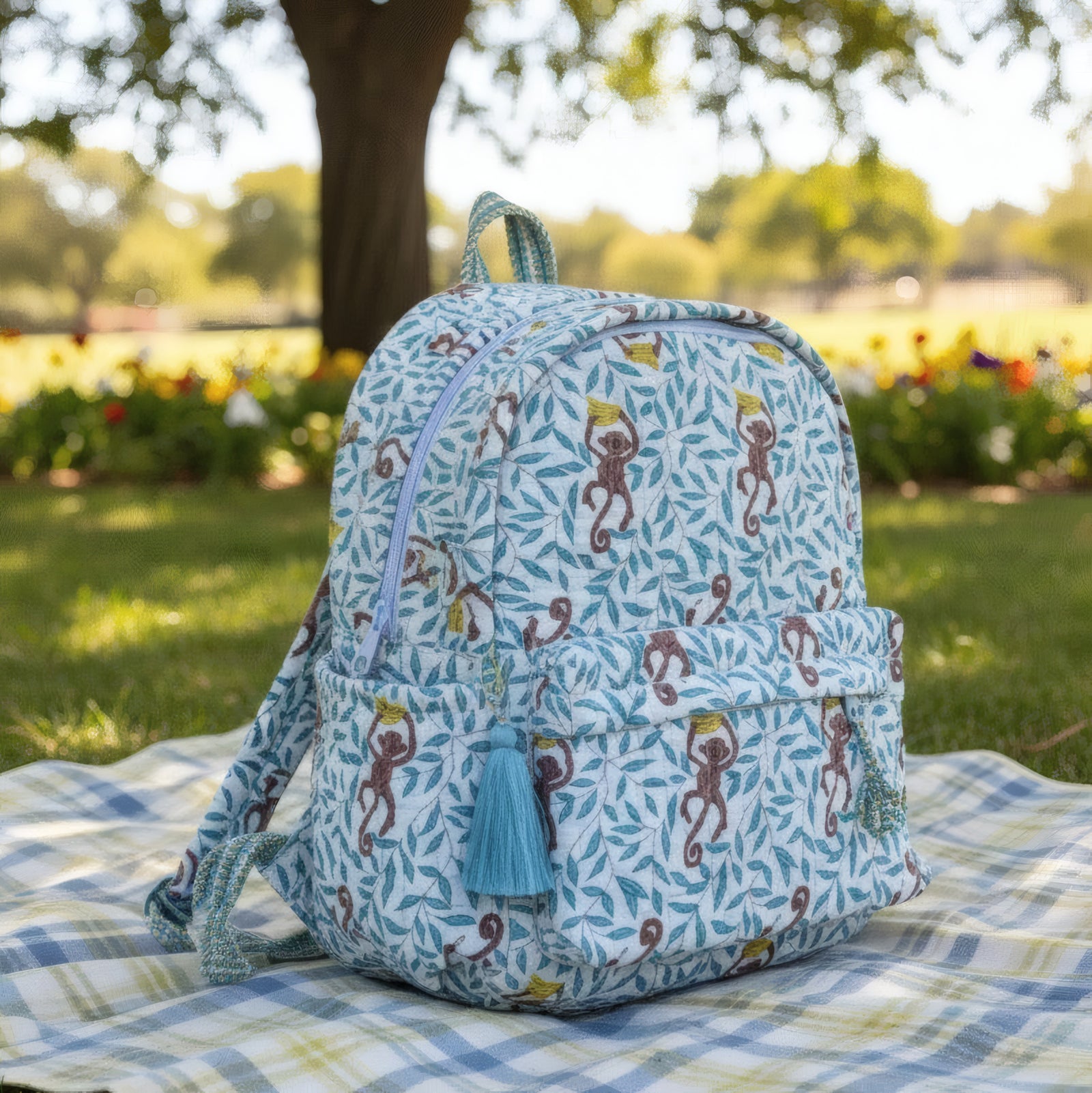 Monkey print hand block-printed cotton kids backpack – 3/4 studio angle